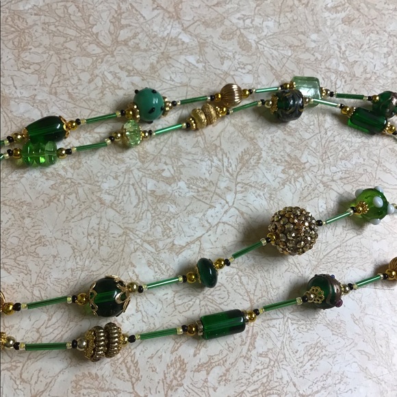 HandCrafted Green & Gold long Necklace about 38" OOAK, new, never worn,  #26 - Picture 6 of 8